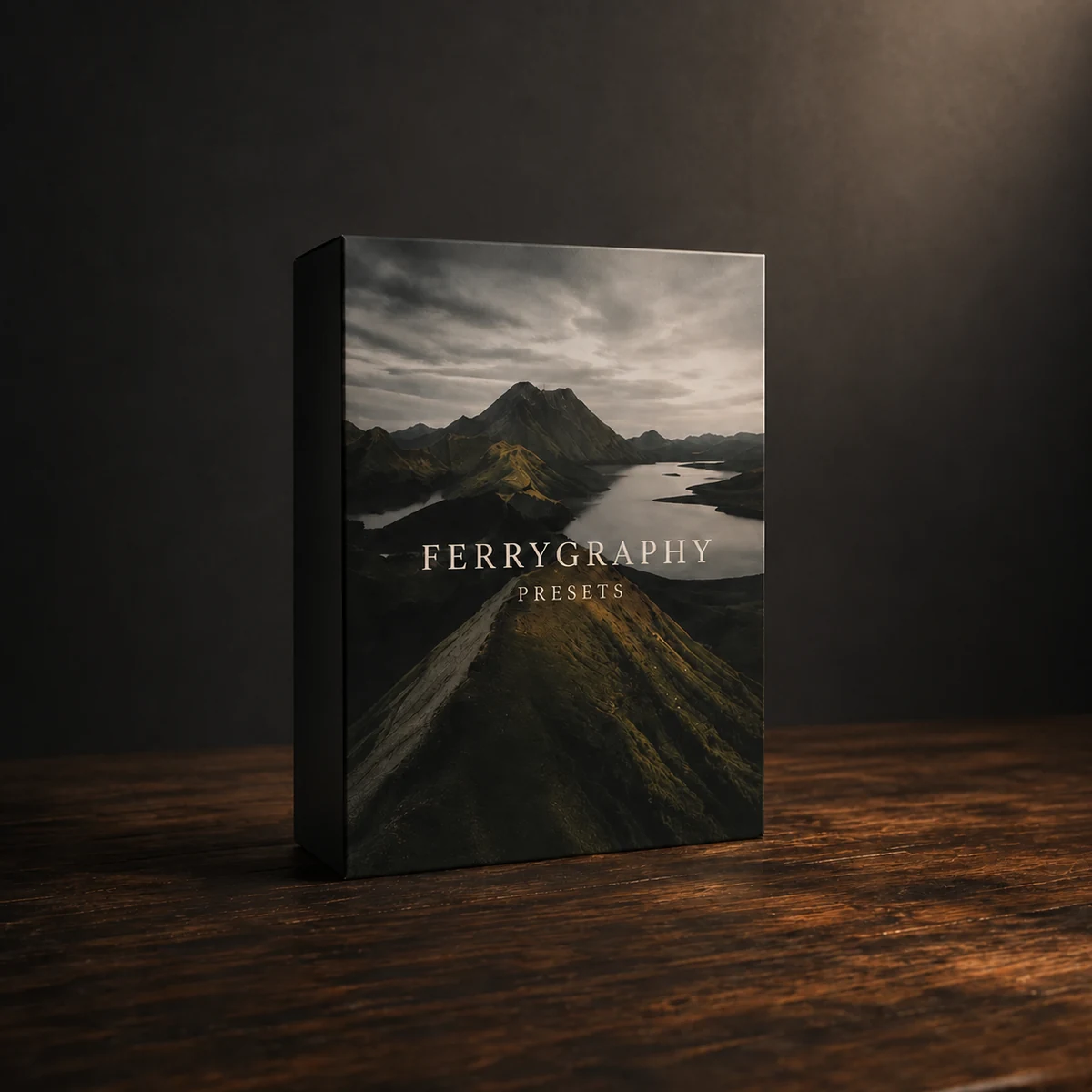 A Ferrygraphy presets box with a mountain photograph on a warmly lit wooden table